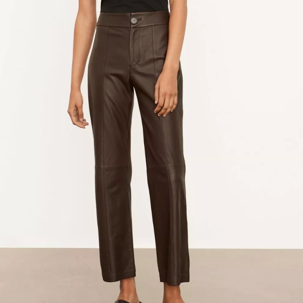 Vince Brown Leather Flare Cropped Pants - Size 6 - Picture 1 of 12